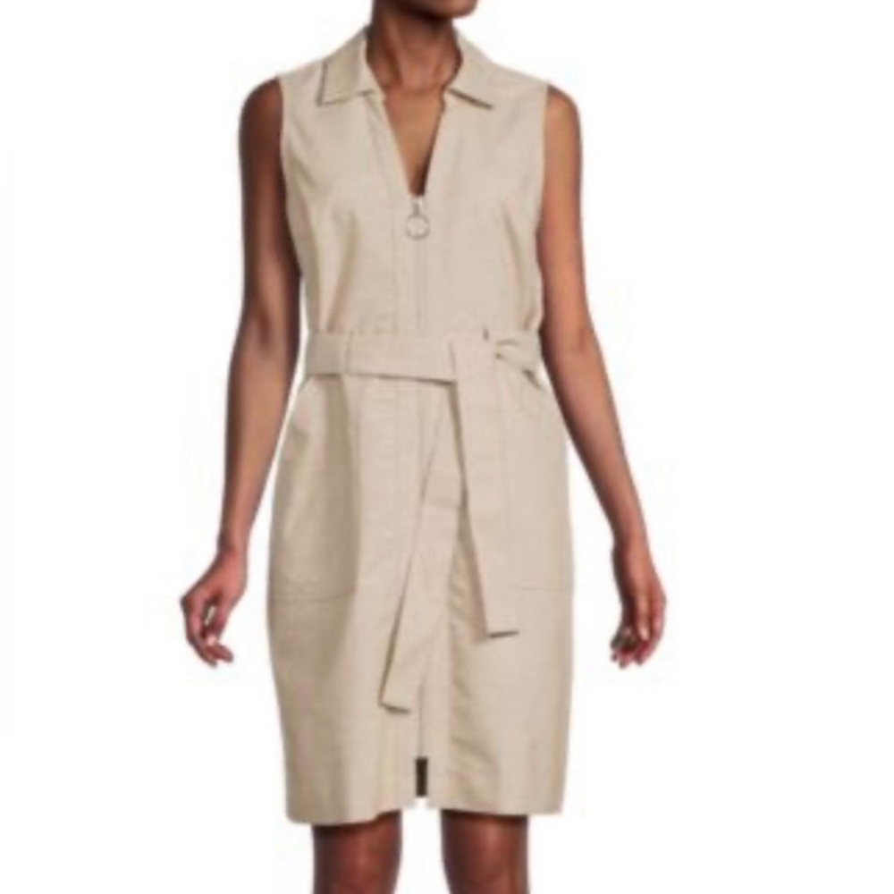 NWT - SHARAGANO Cotton Blend Belted Shirt Dress - beige- Sz 14 - Picture 2 of 8